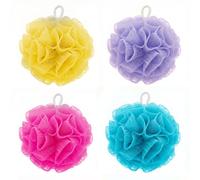 Elysium Spa Pack of 4 Mesh Exfoliating Bath & Shower Body Puff Sponges | Loofah Sponge For Showers, Baths To Exfoliate Scrub Wash Skin - Bathing Scrubber Poufs (Lavender, Blue, Fuchsia & Yellow)
