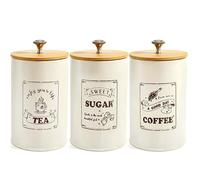Elyyapt 3 PCS Tea Coffee Sugar Canisters Set Kitchen Storage Tins Jars with Airtight Wooden Lids, Tea Sugar Coffee Containers Set Decorative Food Caddy Bowl Pots for Countertop Organisation, 740ml