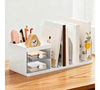 Elyyapt Desk Organiser with File Holder, Large Capacity Desktop Organizer Desk Tidy Organiser Plastic Table Stationary Organisers Versatile Stationery Storage Box Pen Holder for School Office (White)