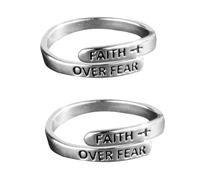 Elzhan 2 Pcs Argent Faith Over Fear Ring, Sterling Silver Adjustable Wrap Open Ring,Women Teens Vogue Inspirational Jewelry Gifts Rings