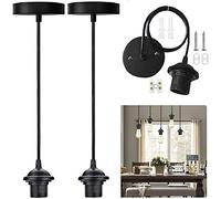 EMAGEREN 2 Pack Black Pendant Light Fitting E27 Ceiling Rose Pendant Vintage Pendants Lamp Holder Suspension Flex Ceiling Lights Pendants Fitting Kit with 1Meter Cable for Screw-Type Bulb Lights