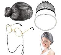 EMAGEREN 5 Pieces Old Lady Granny Wigs Silver Grandmother Wig Granny Wig Costume Old Lady Fancy Dress Cosplay Set Wigs Cap/Madea Grand Mother Glasses/Eyeglass Chains/Pearl Beads Necklaces for Dress Up