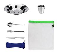 EMAGEREN 7 in 1 Camping Cutlery Set - Stainless Steel Utensils Tableware Mess Kit Complete Dinnerware Set Includes Plate Bowl Cup Spoon Fork Knife Mesh Travel Bag for Backpacking