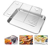 EMAGEREN Baking Tray with Rack Set Stainless Steel Baking Pan Cookie Pan Toaster Oven Tray Baking Sheet with Baking Cooling Racks, Non Toxic, Mirror Finish & Dishwasher Safe (1 Pan + 1 Rack)