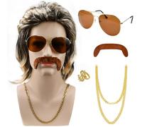 EMAGEREN Rock Star Wig Set, 5Pcs 80S Pop Icon Wig + Aviator Sunglasses + Necklace Ring Fake Beard Blonde Brown Mullet Mens 80s Wig Long Curly Rocker Costume Wig 70s 80s Costume Accessories