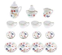 eMagTech 15Pcs 1:12 Mini Porcelain Flower Tea Cup Set Miniature Simulation Furniture Set Mini Flower Pattern Teapot Cup Plates Set Accessories for Doll House Decor