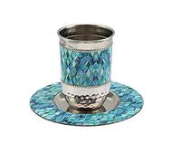 EMANUEL Kiddush Cup Set Stainless Steel and Colorful Enamel for Shabbat and Yom Tov (Blue Mosaic CT-12)