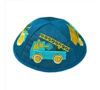 EMANUEL Yair Kippah for Boys Kids Embroidered Trucks Children Yarmulke Blue, Blue