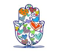 EMANUEL Yair Small Standing Hamsa Hand Amulet 4 inch | Colorful Good Luck Charm | Hamsah Stand Home Blessing | Judaica Art Gift (Hearts SHG-13)