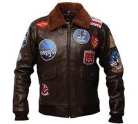 Emart Comfort Men's Top Gun Bomber Leather Jacket - Tom Cruise Men Leather Jacket - WW2 Brown B3 Military Pilot Jacket - USAAF Patches (UK, Alpha, XL, Regular, Regular, Brown)