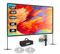 EMART Outdoor Projector Screen and Stand, 120 Inch Portable Projector Stand Indoor with Heavy Duty Flat Base, 16:9 4K HD Rear Front Movie Screen for Backyard, Party, Night (with Water Bag, Carry Bag)
