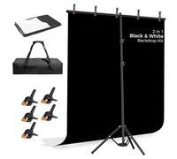 EMART Photo Backdrop with Stand Kit 6.5x5ft, Photography Black and White 2-in-1 Revisible Background Screen with Portable T-Shape Support and 5 Clamps for Video Recording Meeting Self Tape
