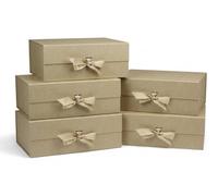 Emartbuy 5 Pack Kraft Magnetic Gift Box with Ribbon 28.2 x 20.2 x 9.2 cm | Flat Pack Fits Mugs, Beauty Sets & Small Hampers - Birthdays Weddings Christmas Corporate Gifting Trade Wholesale
