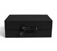 Emartbuy Black Flat Pack Magnetic Gift Box with Ribbon 20 x 18.2 x 8 cm | Fits Jewellery, Candles & Small Gifts - Birthdays Weddings Christmas Corporate Gifting Trade Wholesale