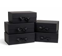 Emartbuy Black Flat Pack Magnetic Gift Box with Ribbon - 39 x 28 x 17.8 cm - Fits Premium Hampers & Large Gifts - Birthdays Weddings Christmas Corporate Gifting Trade Wholesale - Pack of 5 Boxes