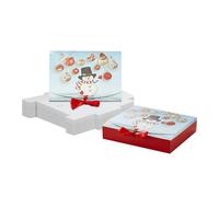 Emartbuy Christmas Snowman Kraft Gift Boxes - Size 1 (25 × 20 × 5 cm) - Flat Pack Reusable Kraft Box with Red Satin Ribbon - Ideal for Holiday Cookies, Chocolates & Small Gifts - Pack of 12