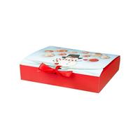 Emartbuy Christmas Snowman Kraft Gift Boxes - Size 5 (25 × 20 × 5 cm) - Flat Pack Reusable Kraft Box with Red Satin Ribbon - Ideal for Holiday Cookies, Chocolates & Small Gifts - Pack of 36