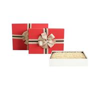 Emartbuy Cream Paper + Cream/Red Rigid Gift Box with Ribbon Set of 3 - Large, Medium, Small - - Luxury Cardboard Box|Premium Packaging for Hampers, Birthdays, Weddings, Corporate Gifting