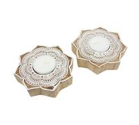 Emartbuy Elegant Tealight Candle Holders for Diwali Gift Hamper, Festive Décor & Gifting - Handcrafted Wooden Rangoli Diya Set with Intricate White Detailing