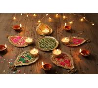Emartbuy Festive Decorative Design Candle Tealight Holder for Diwali, Traditional Indian Home Décor, Pooja & Gifting - Set of 6 Gota Rangoli Diya