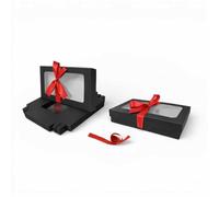 Emartbuy Gift Box with Clear Window - Black Box + Red Satin Ribbon - Pack of 12 - Size 1 (21 x 12.5 x 2.5 cm) - Ideal for Hampers, Bakery, Events & Small Business
