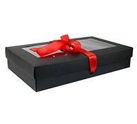 Emartbuy Gift Box with Clear Window - Black Box + Red Satin Ribbon - Pack of 12 - Size 2 (21.5 x 13.5 x 4.5 cm) - Ideal for Hampers, Treats & Small Business Packaging