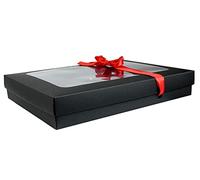 Emartbuy Gift Box with Clear Window - Black Box + Red Satin Ribbon - Pack of 12 - Size 5 (29.5 x 22 x 4.5 cm) - Ideal for Hampers, Bakery, Events & Small Business