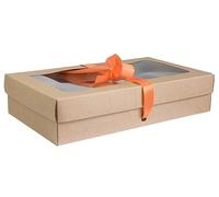 Emartbuy Gift Box with Clear Window - Brown Box + Peach Satin Ribbon - Pack of 12 - Size 4 (27 x 16 x 6 cm) - Ideal for Hampers, Bakery, Events & Small Business