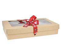 Emartbuy Gift Box with Clear Window - Brown Box + Red Hat Satin Ribbon - Pack of 12 - Size 4 (27 x 16 x 6 cm) - Ideal for Hampers, Bakery, Events & Small Business
