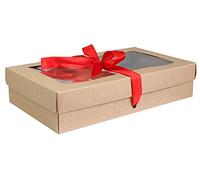 Emartbuy Gift Box with Clear Window - Brown Box + Red Satin Ribbon - Pack of 12 - Size 2 (21.5 x 13.5 x 4.5 cm) - Ideal for Hampers, Treats & Small Business Packaging
