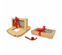 Emartbuy Gift Box with Clear Window - Brown Box + Red Satin Ribbon - Pack of 12 - Size 3 (25 x 15 x 5 cm) - Ideal for Hampers, Treats, Events & Festive Gifting