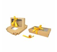 Emartbuy Gift Box with Clear Window - Brown Box + Yellow Satin Ribbon - Pack of 12 - Size 1 (21 x 12.5 x 2.5 cm) - Ideal for Hampers, Bakery, Events & Small Business