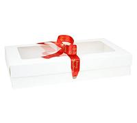 Emartbuy Gift Box with Clear Window - White Box + Christmas Red Satin Ribbon - Pack of 12 - Size 3 (25 x 15 x 5 cm) - Ideal for Hampers, Treats, Events & Festive Gifting