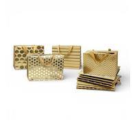 Emartbuy Large Gold Gift Bags with Handles - Pack of 12 | Size 23 × 16 × 11 cm|4 Assorted Gold Foil Patterns - Chevron, Polka Dots, Stripes & Stars | Reusable Luxury Paper Bags for Weddings & Hampers