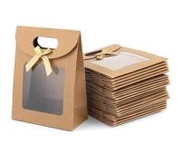 Emartbuy Large Kraft Gift Bags with Clear Window & Ribbon Handle - Size 2 (26 × 19 × 9 cm) | Pack of 12 | Luxury Brown Paper Bags for Bakery Packaging, Corporate & Festive Gifting