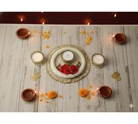 Emartbuy Luxury Decorative Pearl & Gold Tealight Candle Holder Diya Set with Gift Box & Greeting Tag for Festive Home Décor, Diwali Gifting, Pooja & Celebrations - Set of 3 Pearl & Roses Tealight Set