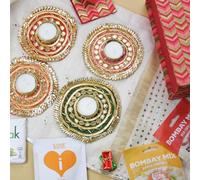 Emartbuy Luxury Diwali Hamper with 4 Gota Rangoli Candle Holders Diyas & Snacks - Perfect for Diwali, Pooja, Navratri, Ganpati & Housewarming Gifts