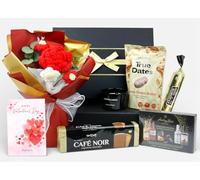 Emartbuy Luxury Gourmet Gift Hamper with Handmade Crochet Bouquet Chocolate Biscuits Coffee & Scented Candle | Perfect for Valentine Birthdays and Special Occasions - Luxe Indulgence