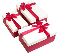 Emartbuy Luxury Red & White Rigid Gift Box Set of 3 with Lid & Satin Ribbon - Premium Textured Reusable Gift-Ready Boxes for Christmas Wedding Birthday Corporate Gifting