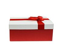Emartbuy Luxury Red & White Rigid Gift Box Small with Lid & Satin Ribbon - Premium Textured Gift-Ready Reusable Box for Christmas Birthday Wedding Gifts