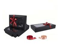 Emartbuy Pack of 12 Black Gift Boxes with Clear Window Lid & Christmas Red Satin Ribbon - Large Wide 29.5 x 22 x 4.5 cm - Recyclable Kraft Presentation Box for Hampers, Treats, Weddings & Favours