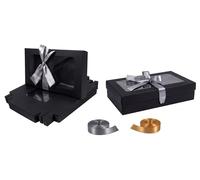 Emartbuy Pack of 12 Black Gift Boxes with Clear Window Lid & Grey Satin Ribbon - Medium-Large 27 x 16 x 6 cm - Recyclable Kraft Presentation Box for Hampers, Treats, Weddings & Favours