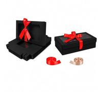 Emartbuy Pack of 12 Black Gift Boxes with Clear Window Lid & Red Satin Ribbon - Medium-Large 27 x 16 x 6 cm - Recyclable Kraft Presentation Box for Hampers, Treats, Weddings & Favours