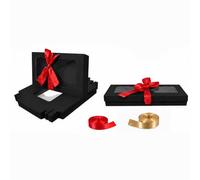 Emartbuy Pack of 12 Black Gift Boxes with Clear Window Lid & Red Satin Ribbon - Small Slim 21 x 12.5 x 2.5 cm - Recyclable Kraft Presentation Box for Hampers, Treats, Weddings & Favours