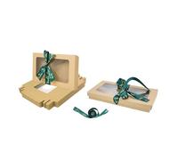 Emartbuy Pack of 12 Brown Gift Boxes with Clear Window Lid & Christmas Green Satin Ribbon - Medium 25 x 15 x 5 cm - Recyclable Kraft Presentation Box for Hampers, Treats, Weddings & Favours