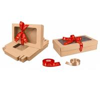 Emartbuy Pack of 12 Brown Gift Boxes with Clear Window Lid & Christmas Red Satin Ribbon - Medium 25 x 15 x 5 cm - Recyclable Kraft Presentation Box for Hampers, Treats, Weddings & Favours