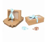 Emartbuy Pack of 12 Brown Gift Boxes with Clear Window Lid & Light Blue Satin Ribbon - Medium 25 x 15 x 5 cm - Recyclable Kraft Presentation Box for Hampers, Treats, Weddings & Favours