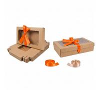 Emartbuy Pack of 12 Brown Gift Boxes with Clear Window Lid & Peach Satin Ribbon - Medium-Large 27 x 16 x 6 cm - Recyclable Kraft Presentation Box for Hampers, Treats, Weddings & Favours