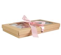 Emartbuy Pack of 12 Rectangle Shaped Presentation Gift Box, 21 cm x 12.5 cm x 2.5 cm, Brown Kraft Box with Clear Lid and Baby Pink Satin Ribbon