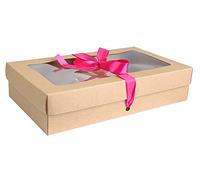 Emartbuy Pack of 12 Rectangle Shaped Presentation Gift Box, 25 cm x 15 cm x 5 cm, Brown Kraft Box with Clear Lid and Hot Pink Satin Ribbon